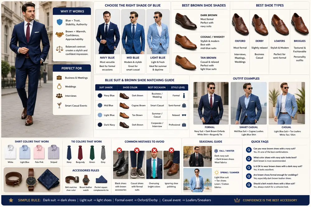Blue suit brown shoes outfit guide showing navy, mid and light blue suits with matching brown shoe styles for men
