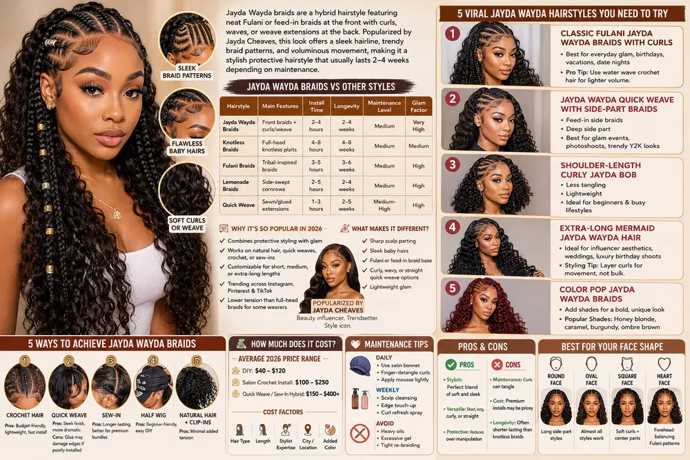 Jayda Wayda braids infographic featuring 5 viral styles, Fulani braid patterns, curly weave looks, costs, maintenance tips, and glam guide.