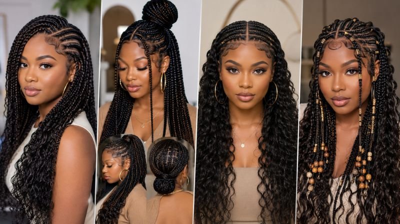 Jayda Wayda braids for face shapes featuring four women with sleek styles, side parts, curls, and Fulani-inspired details