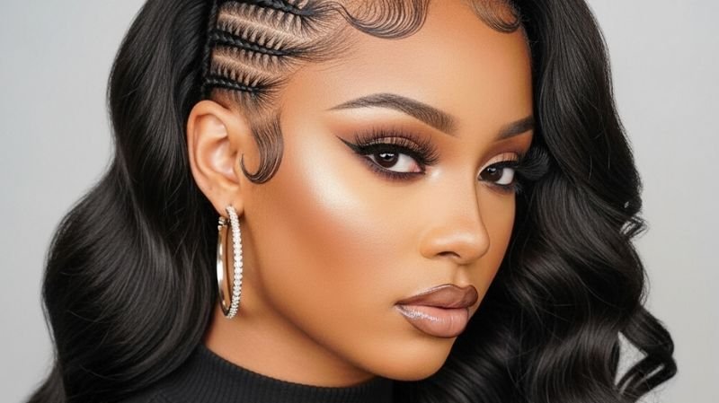 Jayda Wayda Quick Weave with Side-Part Braids featuring sleek feed-in braids, deep side part, soft waves, and glamorous Y2K style.