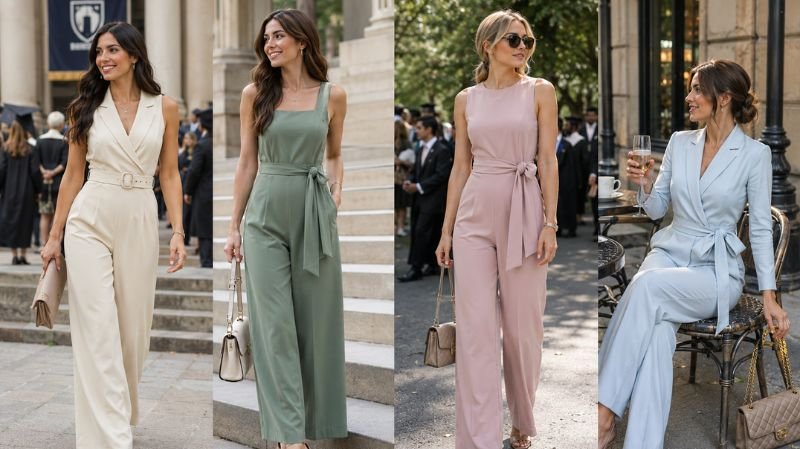 What to Wear for Graduation as a Guest: Stylish Outfit Ideas Elegant women wearing pastel jumpsuits at a graduation event, showcasing stylish modern guest outfits with chic wide-leg designs