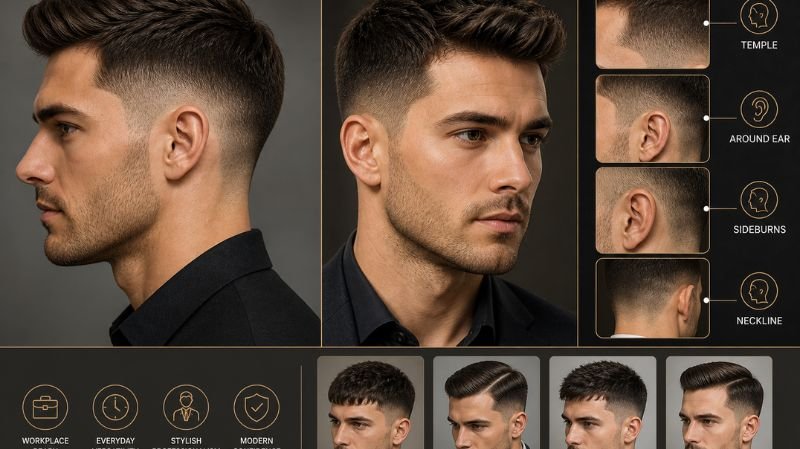 Premium men’s low fade haircut guide showing side and front profiles with clean taper, sharp temple blending, and professional styling.