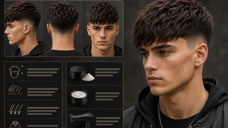 Low Taper Fringe hairstyle infographic for men featuring textured straight hair, clean fade, youthful streetwear style, and styling tips