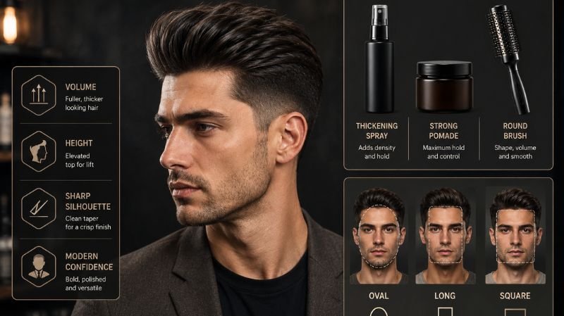 Stylish man with a Low Taper Pompadour haircut in a luxury grooming infographic with styling tips and products.