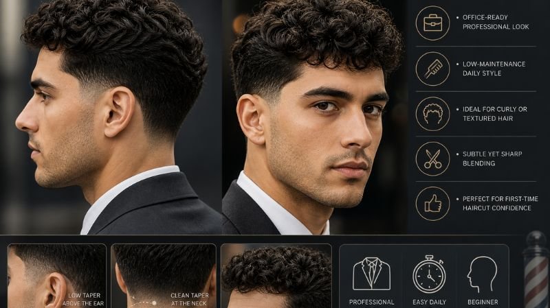 Low Taper haircut guide for men with curly textured top, clean side profile, subtle fade above ears, polished professional style
