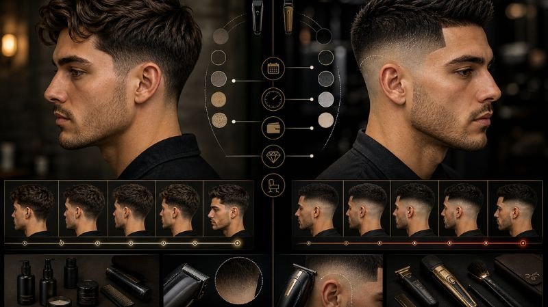 Maintenance Comparison: Taper vs Fade infographic showing haircut upkeep, barber visits, grow-out, and styling differences