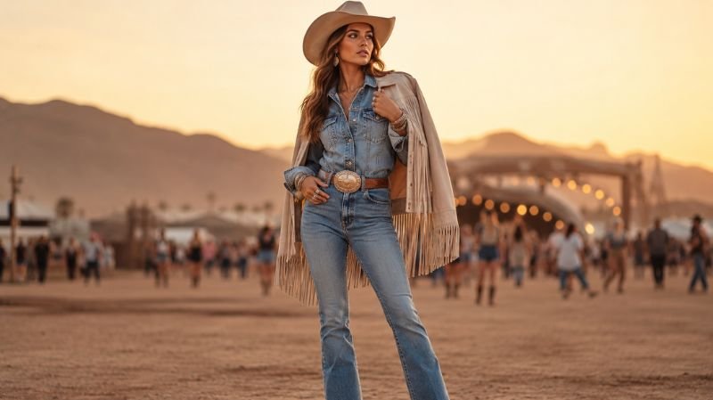 Matching Denim Set + Cowgirl Hat outfit styled for a modern country festival look with chic western fashion vibes