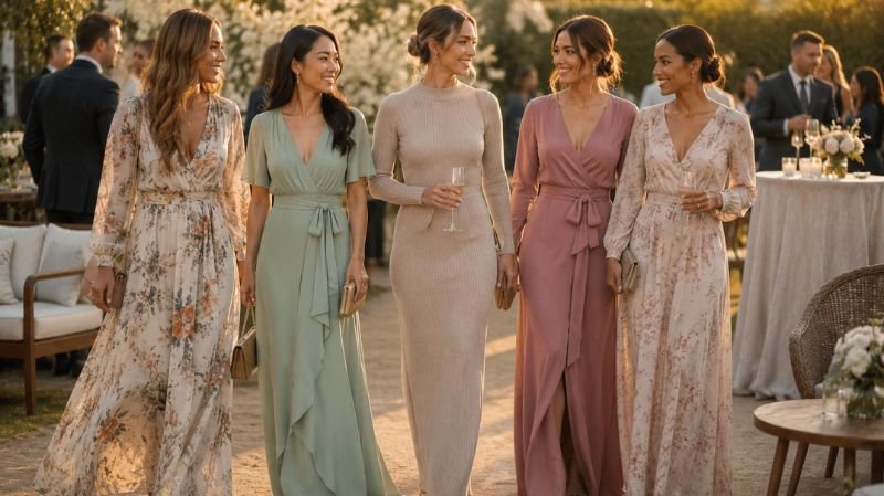 What Is Semi Formal Wedding Attire? Best Wedding Guest Looks Women wearing maxi dresses that don’t look too formal at a chic outdoor wedding with soft floral elegant styling