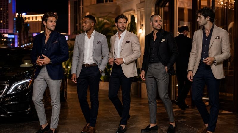 Men’s Fine Dining Vegas Attire with luxury blazers, loafers, and upscale nightlife fashion outside Vegas restaurant