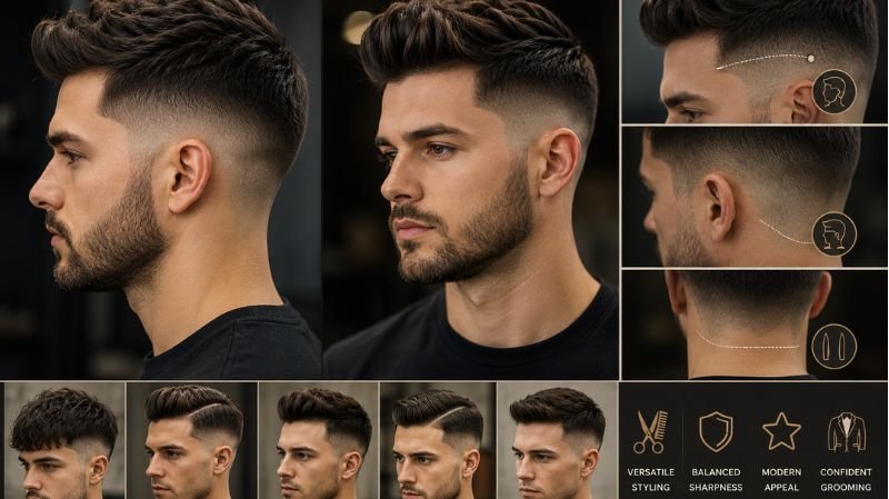 Stylish men’s Mid Fade haircut guide showing side and front profiles with balanced fade placement, textured top, sharp edges.