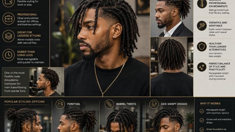 5 Best Dread Hairstyles for Guys in 2026: Top Men’s Styles Mid-Length Twist Dreads for men with versatile styling, professional appeal, ponytail, barrel twists, and side-swept loc options.