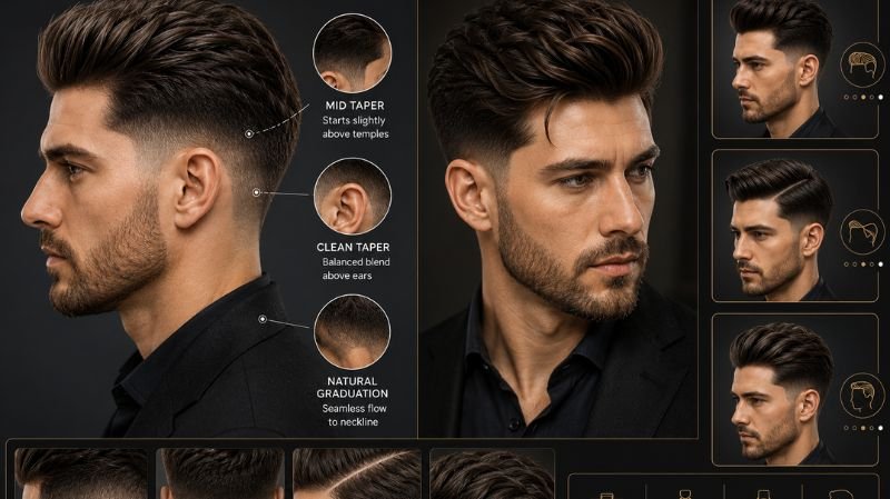 Mid Taper haircut guide for men featuring side profile, pompadour, textured side part, and balanced fade blending above ears.