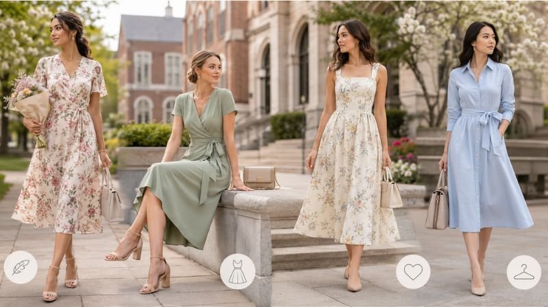 What to Wear for Graduation as a Guest: Stylish Outfit Ideas Elegant Midi Dresses for graduation guests featuring floral, wrap, A-line, and pastel shirt dress styles on a stylish campus setting.