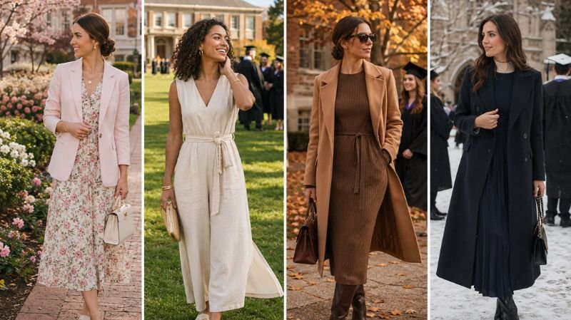 What to Wear for Graduation as a Guest: Stylish Outfit Ideas Seasonal Outfit Ideas for Graduation Guests featuring spring florals, summer jumpsuits, fall knit dresses, and winter coats.