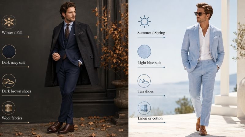 Seasonal Styling Guide showing navy suit with brown shoes for winter and light blue suit with tan shoes for summer