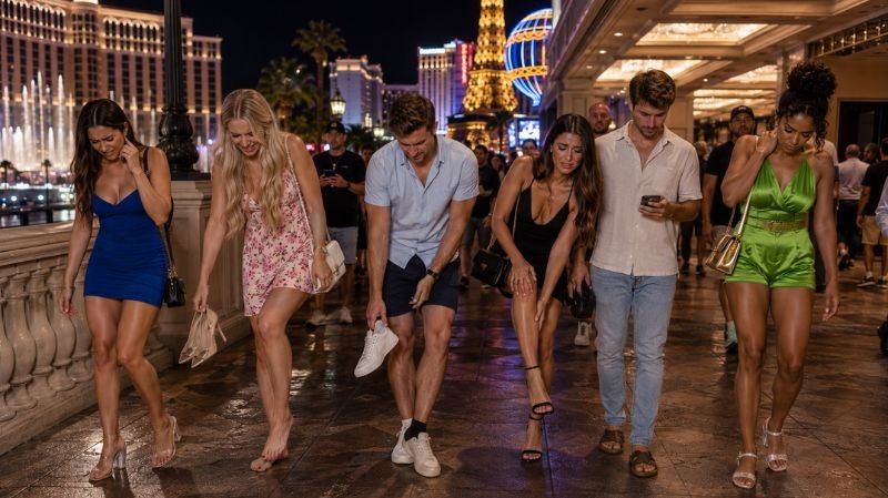 Shoes You Should Avoid in Vegas featuring painful heels, flimsy sandals, and uncomfortable walking footwear