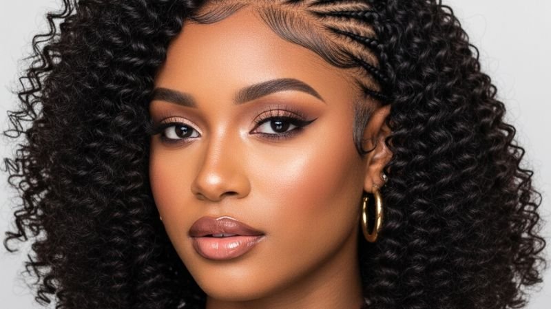 Shoulder-Length Curly Jayda Bob with sleek front braids, defined curls, laid edges, and lightweight protective styling glamour.
