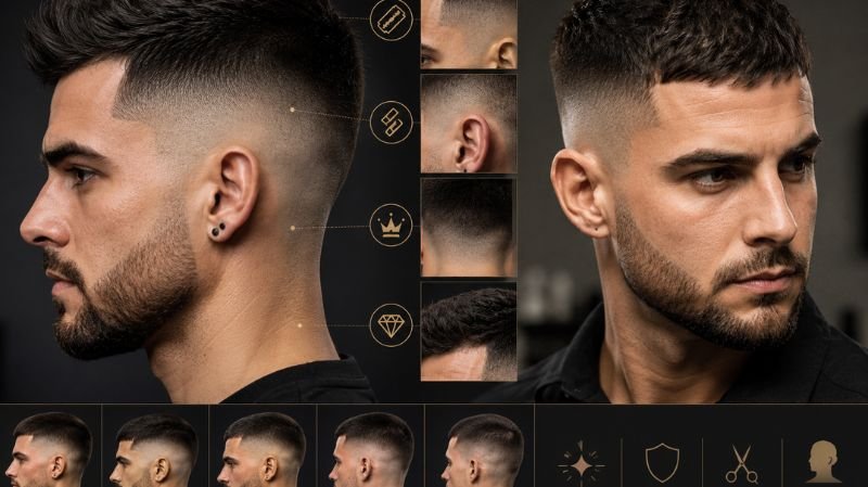 Luxury men’s Skin Fade haircut infographic with sharp fade blend, textured top, and premium barber detailing.