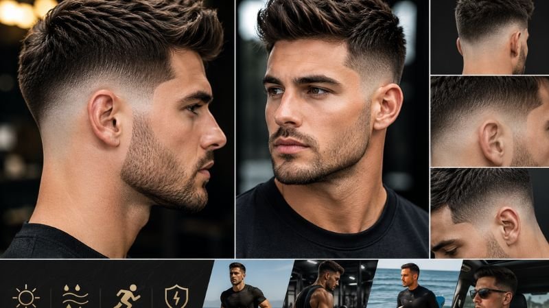 Premium Skin Taper haircut guide featuring sharp side profile, skin-close fade, textured top, athletic precision, and clean summer style.
