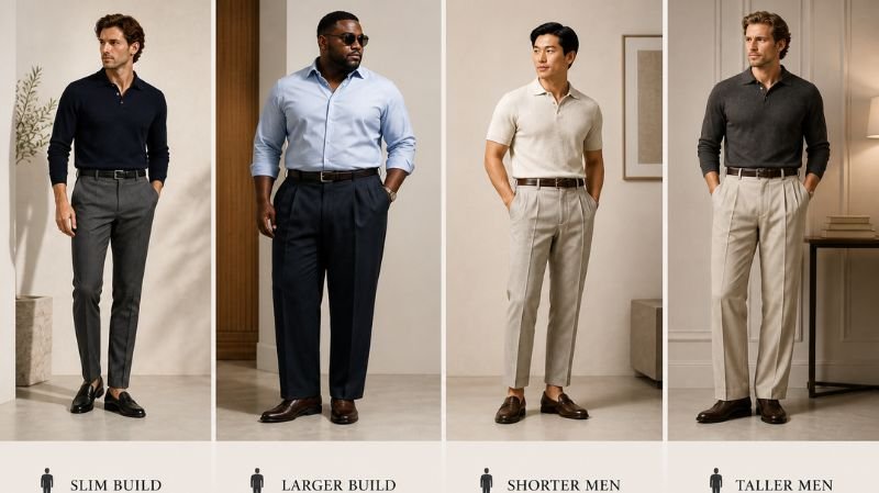 Slacks for Different Body Types guide showing slim, larger, shorter and taller men with tailored fit trouser styling