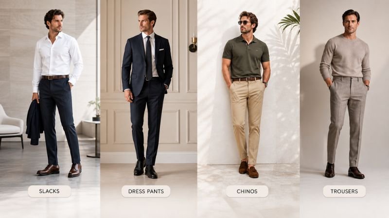 Slacks vs dress pants vs chinos vs trousers visual guide comparing men’s fit, style, formality, and modern fashion differences.