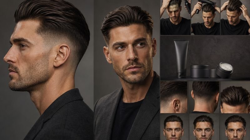 Luxury men’s Slick Back Low Taper Fade infographic showing sleek formal hairstyle, styling steps, product use, and ideal face shapes.