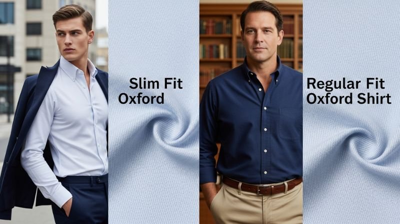 Slim Fit vs Regular Fit Oxford Shirts comparison showing tailored slim fit and relaxed regular fit styles in modern menswear