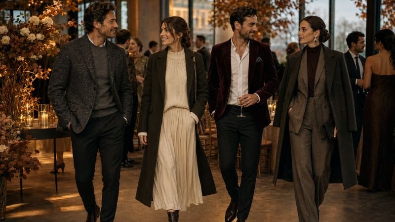What Is Semi Formal Wedding Attire? Best Wedding Guest Looks Smart Layering for Cooler Weather at fall wedding reception with chic wool, knit, and velvet semi-formal fashion looks