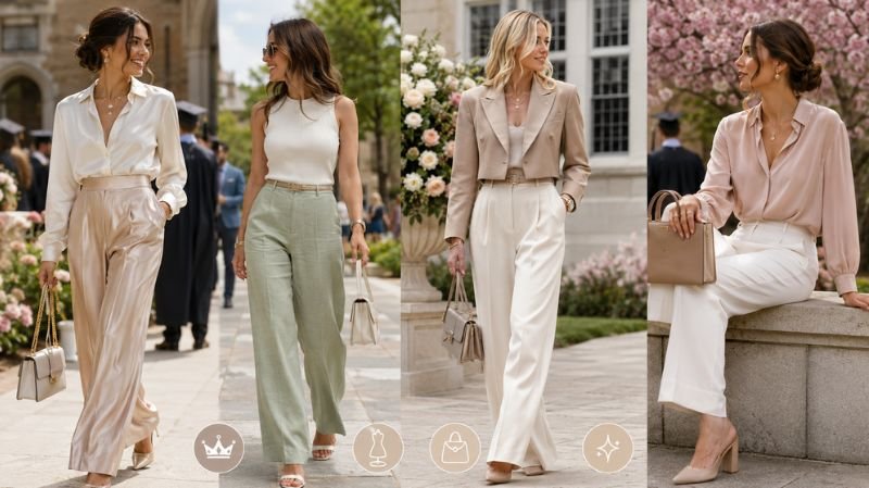 What to Wear for Graduation as a Guest: Stylish Outfit Ideas Tailored Trousers with Blouse outfit ideas for graduation guests featuring elegant satin, linen, and chic neutral formalwear.