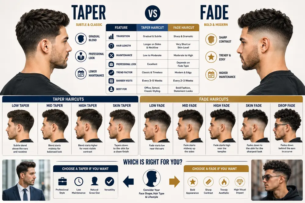 Taper vs fade haircut comparison infographic showing key differences, haircut types, maintenance, and best style choices for men.