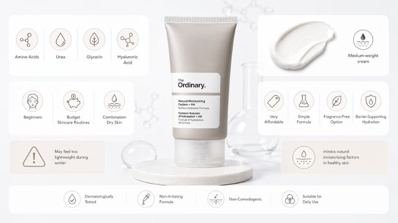 7 Best Fragrance Free Moisturisers for Dry Skin The Ordinary Natural Moisturizing Factors + HA cream with key ingredients and hydration benefits for daily skincare use