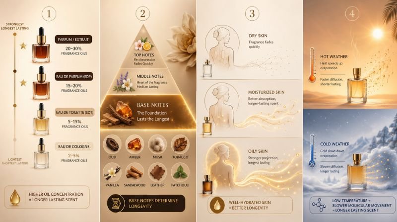 10 Best Long-Lasting Perfumes for Men That Last All Day The Science Behind Long-Lasting Perfumes infographic showing fragrance concentration, base notes, skin, weather