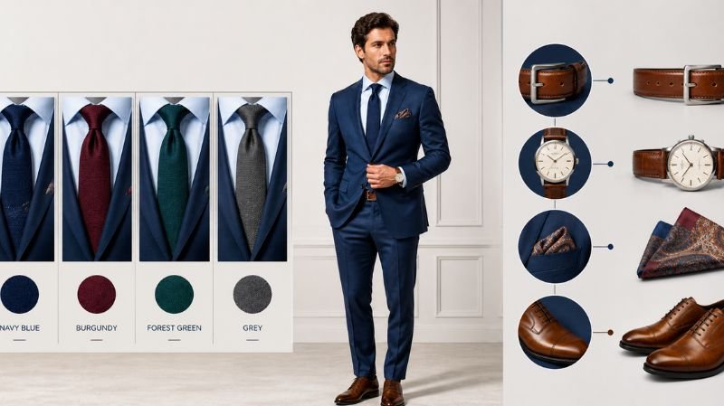 Tie & Accessories Guide showing blue suit styling with navy, burgundy, green, grey ties and coordinated brown leather details