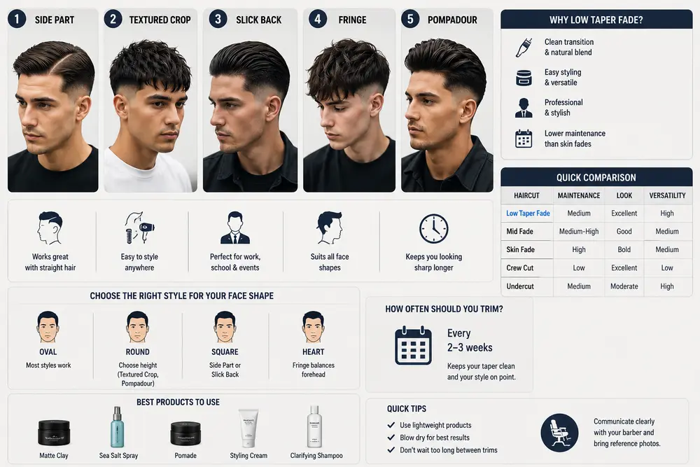Top 5 Low Taper Fade Straight Hair Styles for Men infographic featuring side part, textured crop, slick back, fringe, pompadour