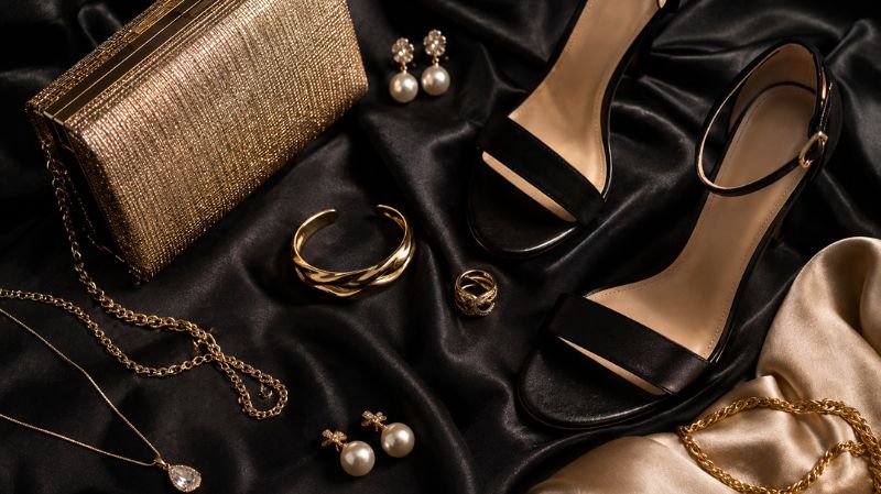 Black Tie Dress Etiquette for Women: Ultimate Outfit Ideas Black tie accessories including clutch jewelry and heels