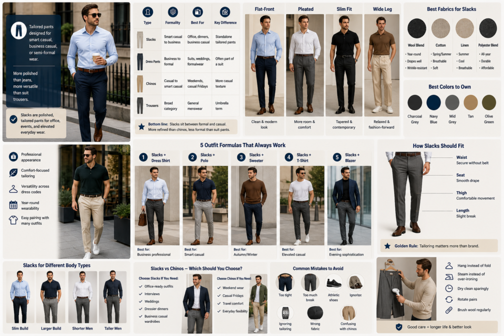 What are slacks? Modern men’s style guide showing tailored slacks, fits, fabrics, and outfit ideas for business casual wear.