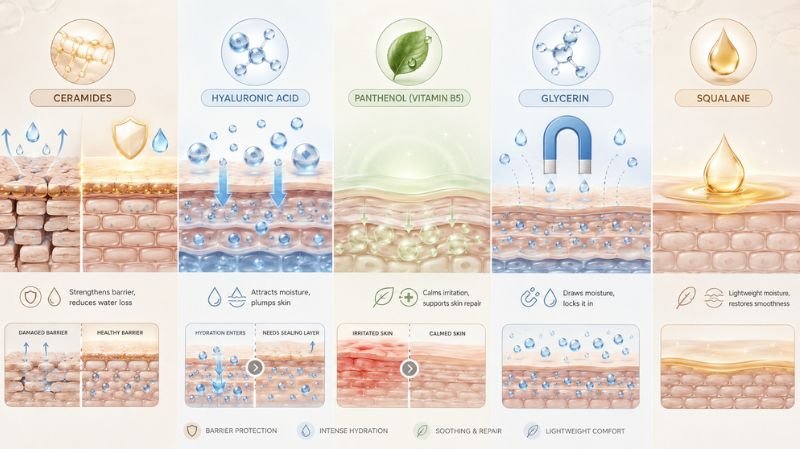 7 Best Fragrance Free Moisturisers for Dry Skin What Ingredients Actually Help Dry Skin? Infographic showing ceramides, hyaluronic acid, glycerin and squalane