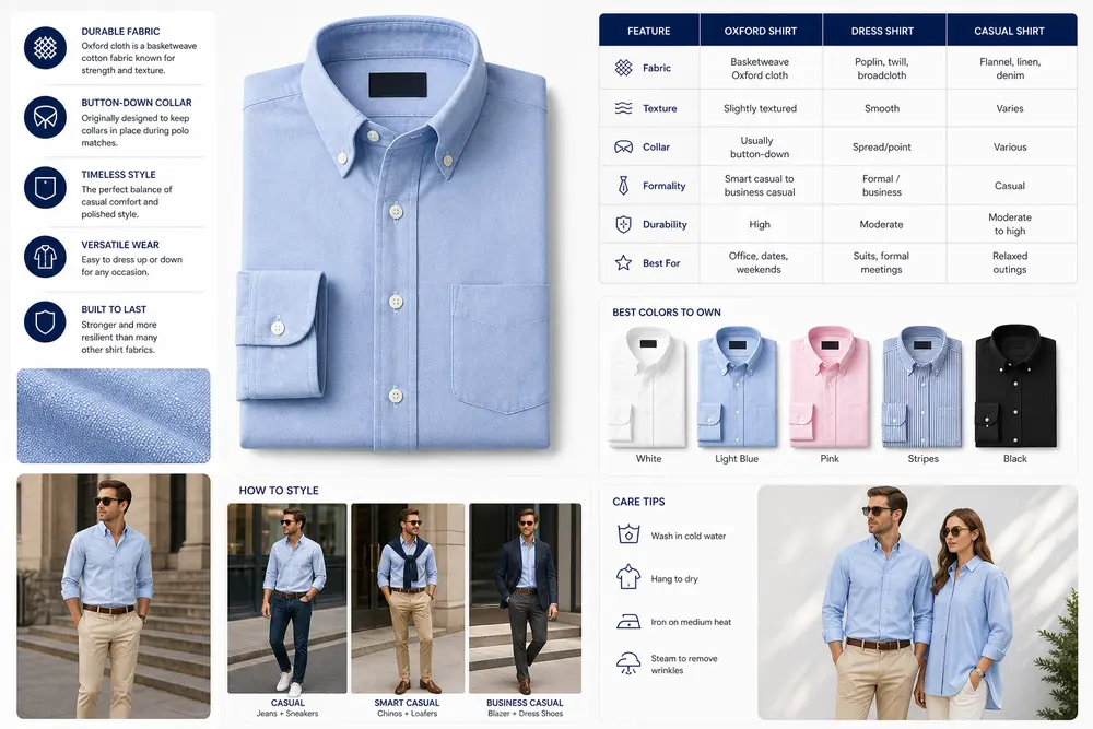 What is an Oxford shirt infographic showing fabric texture, button-down collar, fit guide, and smart casual styling ideas