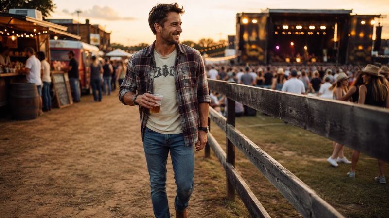What Is the Best Casual Country Concert Outfit for Men? Plaid shirt, jeans, boots at outdoor festival style