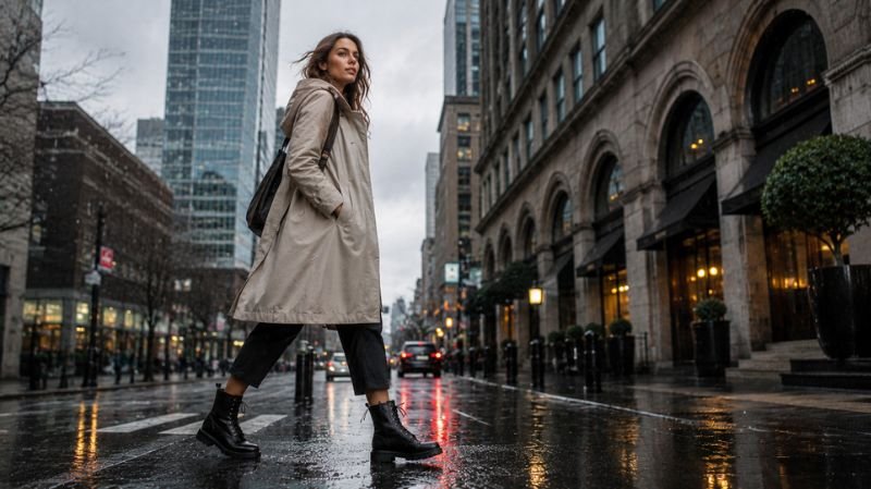 Woman wearing stylish waterproof boots walking on a rainy city street for rainy-day fashion and comfort.