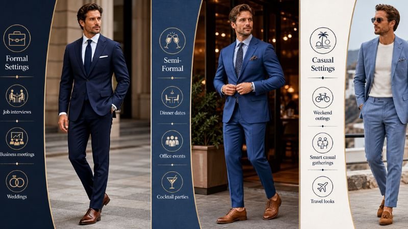 When to Wear Blue Suit with Brown Shoes guide showing formal, semi-formal and casual outfit ideas for modern men