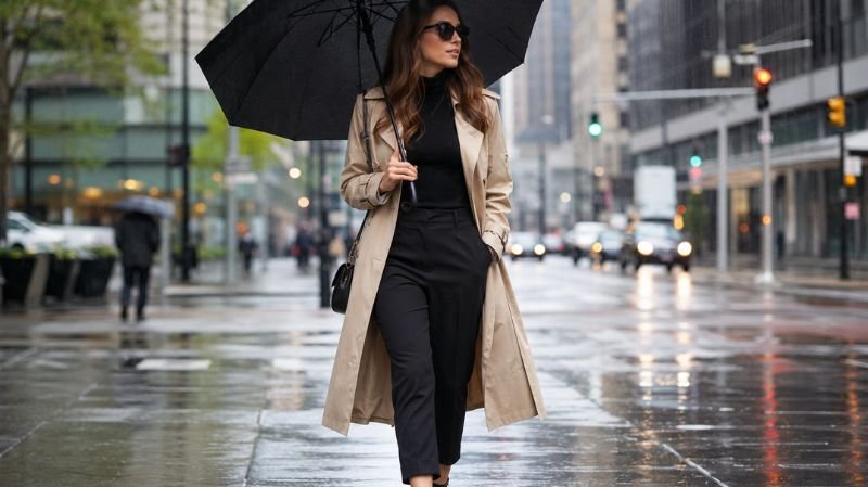 Woman in cropped pants and ankle-length trousers styled for rainy city fashion with sleek commuter elegance