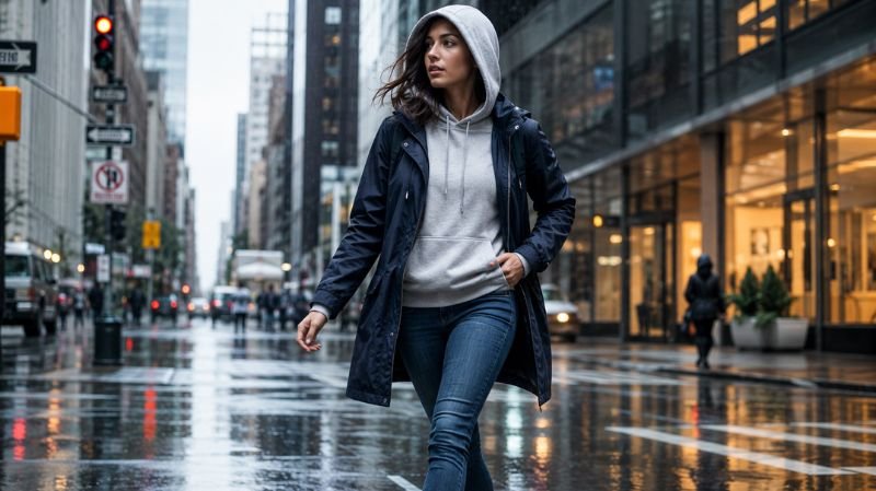 Woman in lightweight hoodie and rain jacket walking through wet city streets on a stylish rainy urban day.