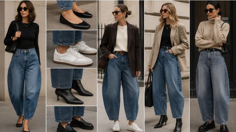 Why Does Shoe Shape Matter With Barrel Jeans? Editorial styling with sleek flats, sneakers, and ankle boots
