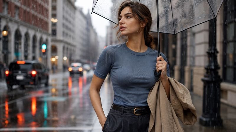 Woman in a quick-dry top walking through a rainy city street showing breathable comfort and wet weather style