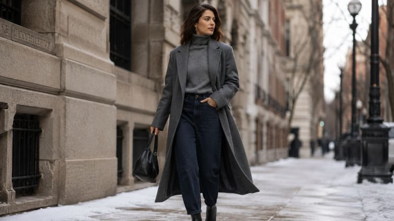 Winter Styling Tips for Barrel Jeans with sleek ankle boots, wool coat, and modern street-style layering.