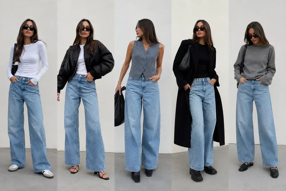 10 Best Shoes to Wear with Wide Leg Jeans Wide leg jeans styled with different shoes in modern fashion outfits