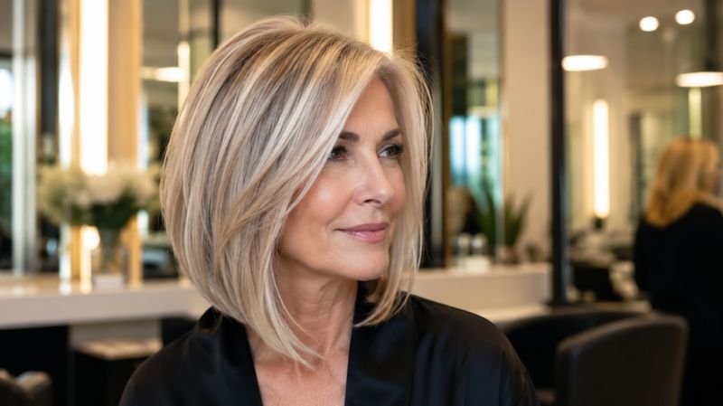 Angled lob haircut for women over 50 with longer front sections