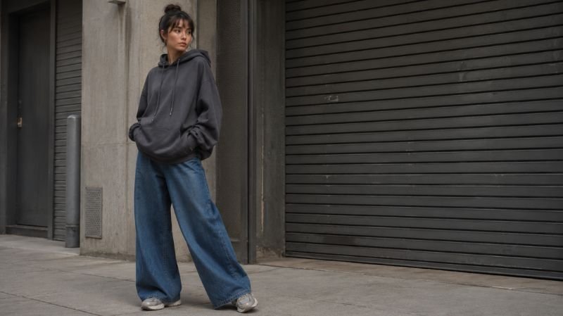 10 Best Shoes to Wear with Wide Leg Jeans Chunky sneakers styled with wide leg jeans streetwear outfit