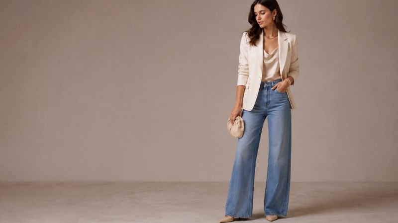 10 Best Shoes to Wear with Wide Leg Jeans Pointed toe pumps styled with wide leg jeans formal outfit